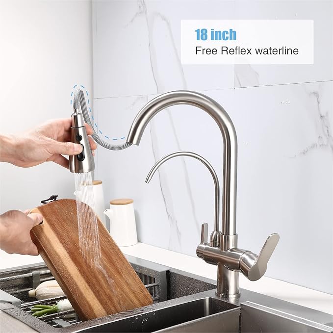 HUAHUALALA Kitchen Sink Faucet with Pull Down Sprayer 2 Handle 3 in 1 Water Filter Purifier Faucets, Brass Drinking Water Faucet Reverse Osmosis Brushed Nickel