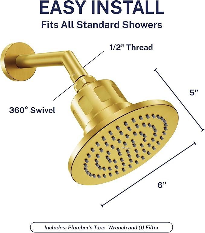 Gillian™ by HammerHead High Pressure Shower Head with Filter – Genuine KDF-55 Metal Hard Water Filtering Shower Head, Healthier Skin & Hair – 6-Inch Rainfall Shower Head with Filters, Brushed Gold