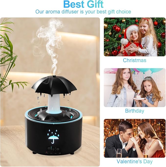 Raindrop Humidifier, Small Rotatable Aromatherapy Diffuser Air Humidifier, Desktop Diffuser with 7 Color Night Ligh and Timing for Bedroom, Rain Sound to Help Sleep, Gift for Family Friends (Black)
