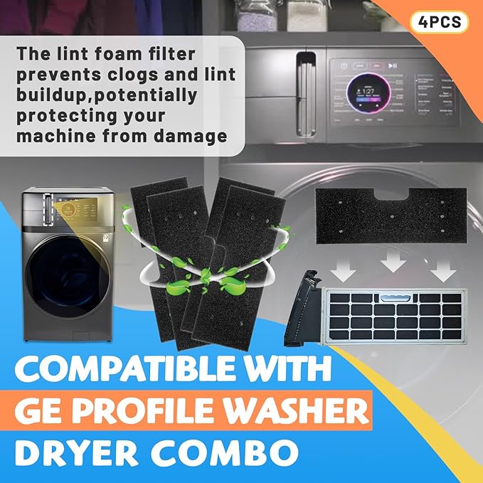 4Pack Lint Filter WH01X35719 Compatible with GE Profile Washer Dryer Combo Models PFQ97HSPVDS, Hand Washable and Reusable, Dryer Lint Filter Replacement - AquaVibe
