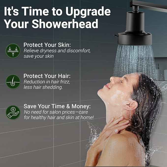 Filtered Shower head for Healthier Hair & Skin – Removes Chlorine & Heavy Metals,6 Mode Settings High Pressure Shower Head Filter for Hard Water, Easy install,One-touch Quickly Filter Replacement