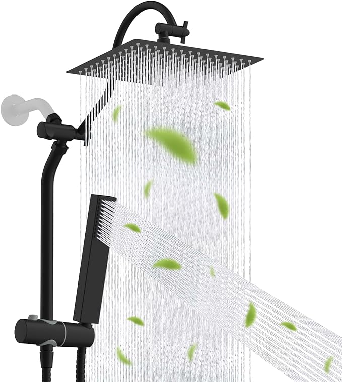 Hibbent cUPC Certified High Pressure 12'' Rainfall Shower Head, Showerhead Combo with 4-mode Handheld Spray, 12'' Adjustable Extension Arm, Extension Bar, Easy Reach Holder, 71'' Hose, Matte Black