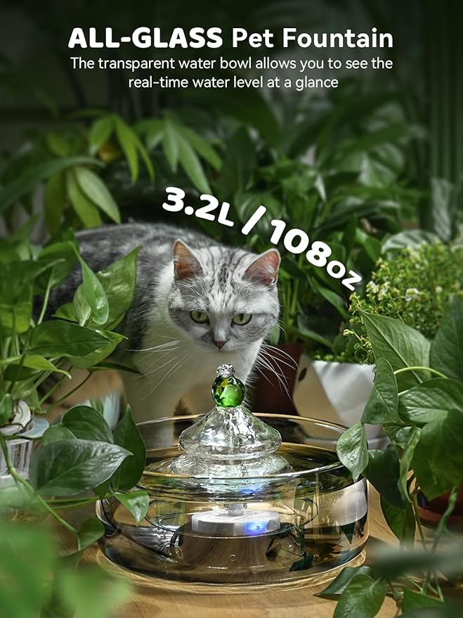 All-Glass Cat Water Fountain, 3.2L/108oz Glass Pet Fountain with LED Light, Automatic Water Dispenser for Cats (Grey)