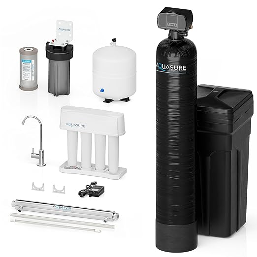 Aquasure 32,000 Grains Whole House Water Softener Bundle with 75 GPD Reverse Osmosis RO Filtration System, Triple Purpose Pre-Filter, 8 GPM Ultraviolet UV Sterilizer Light (1-2 Bathrooms)