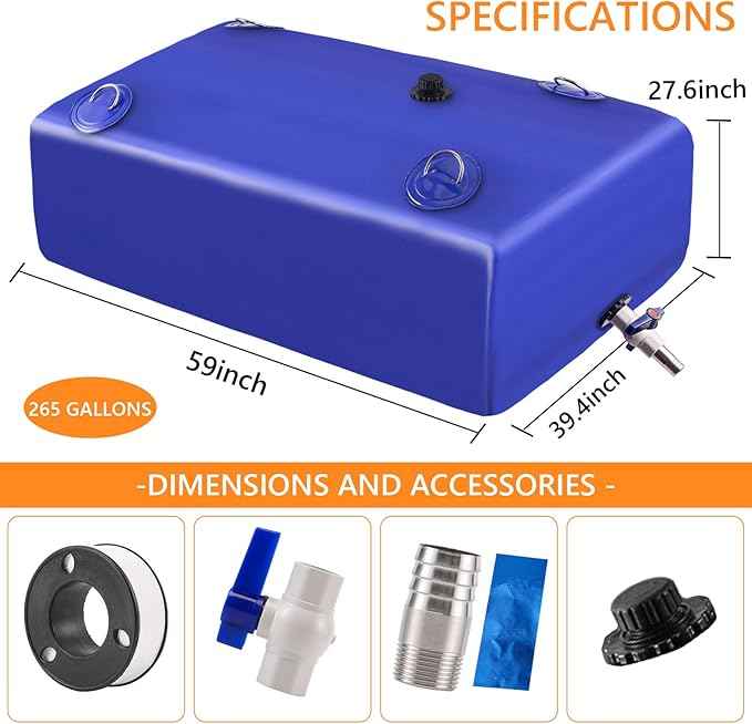 Water Tank, 265 Gallon Water Storage Bladder, Foldable Portable Water Storage, Large Water Storage Containers with 3/4" PVC Spigot and Hose Kit for Camping, Garden, Emergency Water Bag