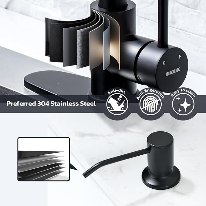 WEWE Black Kitchen Faucet with Soap Dispenser, Kitchen Sink Faucet with Pull Down Sprayer Stainless Steel Single Handle High Arc Pull Out Matte Black Faucet for Bar Laundry RV Utility