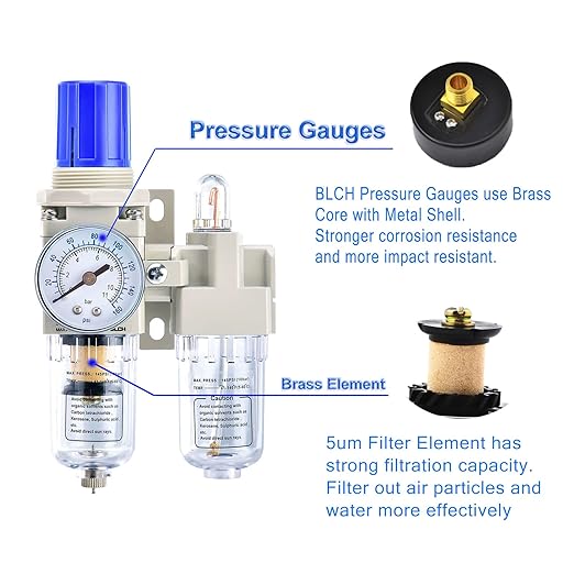 BLCH 1/4" NPT Air Compressor Water Separator - Air Pressure Regulator Compressed Air Filter Regulator Lubricator Combo AC2010-02 Manual Drain Poly Bowl Gauge 0-160 PSI 5μm Brass - AquaVibe