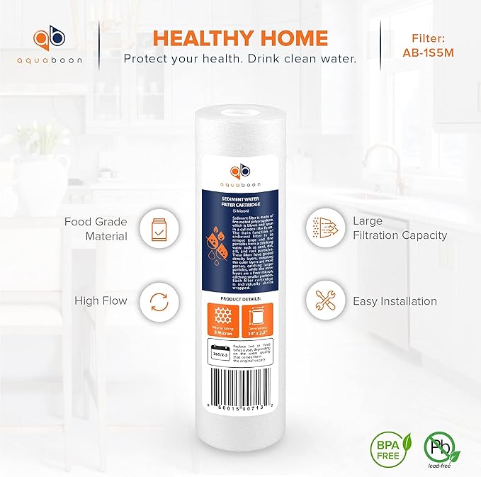 Aquaboon 5 Micron 10 x 2.5 Sediment Filter - Whole House Water Filter Replacement Compatible with Well Water Filters - P5, AP110, WHKF-GD05, 25-Pack