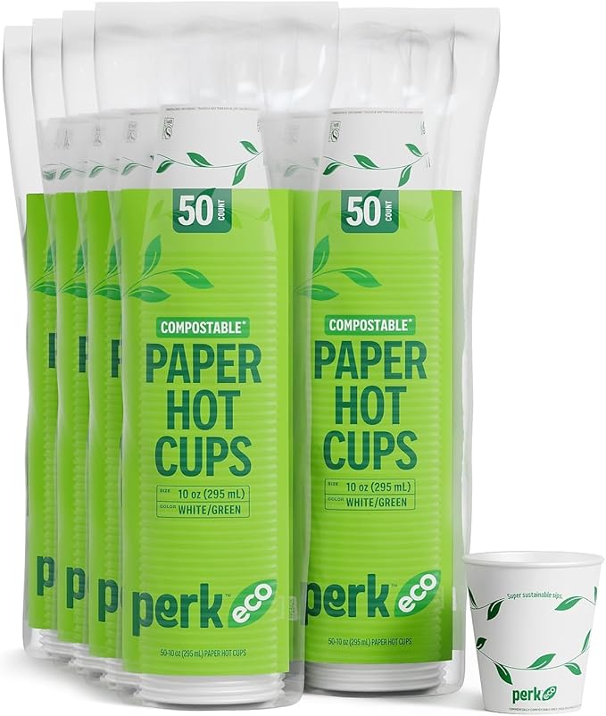Perk Eco Compostable Paper Hot Cups, 10 Oz Disposable Cups for Hot Beverages, White/Green