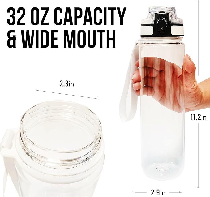 Tritan Clear Water Bottle | No Markings 32oz Sports Water Bottle | Leak Proof Re-Usable Flip Top Plastic Drinks Bottles for School, Office, Gym, Cycling, Exams (Clear-32oz)