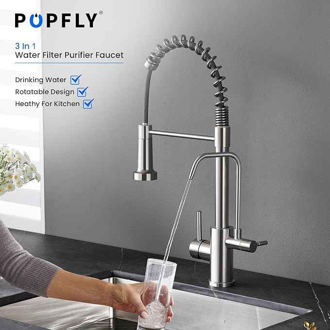 POPFLY Kitchen Faucet with Drinking Water Faucet, 3 in 1 Pull Down Faucet with Purfied Water Faucet, 2 Handle Spring Kitchen Water Filter Faucet, Brushed Nickel