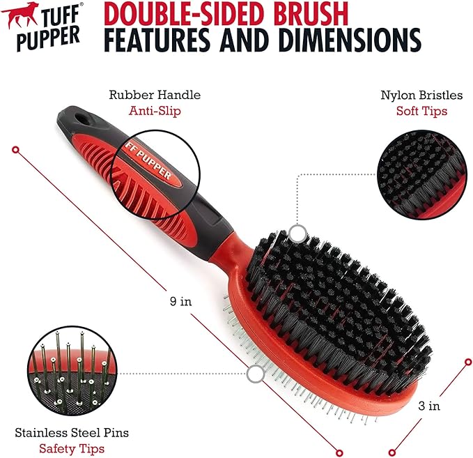 Tuff Pupper Double Sided Dog Brush, Detangling Tool for Dogs and Cats, Pin & Bristle Pet Brush, for and Hair Types, With Comfort-Grip Anti-Slip Handle, Brown, Black, White - AquaVibe
