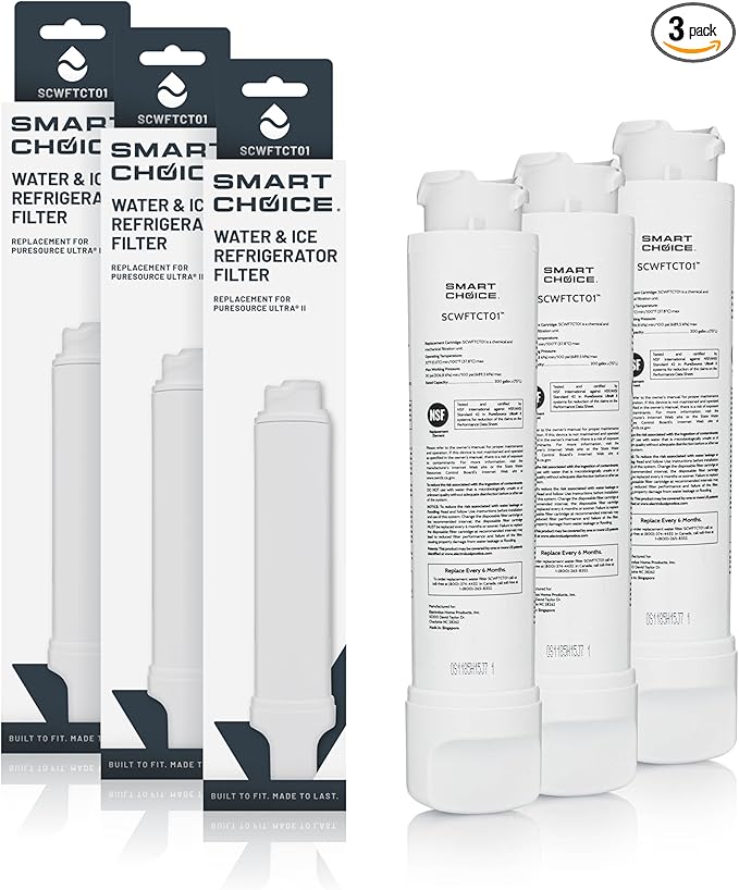 Smart Choice SCWFTCTO13PK Refrigerator Water & Ice Filter, Genuine Replacement for Frigidaire EPTWFU01 PureSource Ultra II and Electrolux EWF02 PureAdvantage, 3-Pack