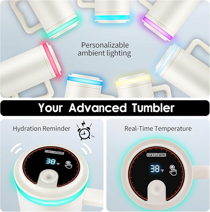 Water Reminder Bottle,USB-C Rechargeable,RGB LED Lights Around the Lid,40oz,Insulated Stainless Steel，Ideal Gift for Valentine‘s Day(Charcoal)