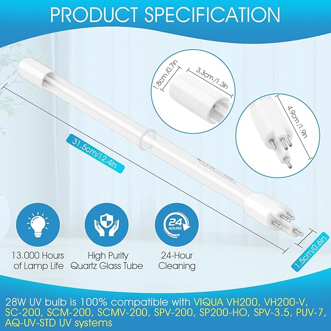 28W UV Bulb Compatible with VIQUA S200RL-HO for VH200 System, High Output Lamp for Water Treatment Annual UV Light Replacement for VH200-V SC-200 SCM-200 (1 Pack)