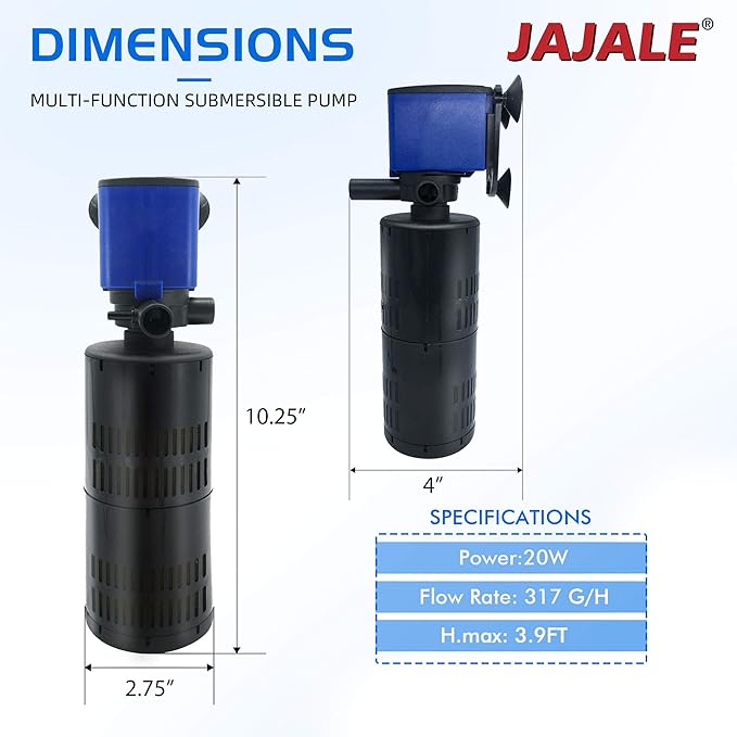 320 GPH Internal Filter Submersible Pump - 3 in 1 Aquarium Fish Tank Pump with Oxygenation, Filtration & Water Cycling, 3.9 ft max lift, 20W - 3 Pack