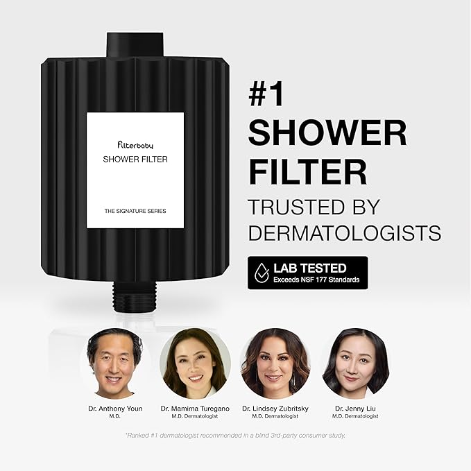 Filterbaby Signature Shower Filter – IAPMO Certified to NSF177 Standard, Doctor Developed, Reduce up to 99% Chlorine/Chloramine/Lead/Certain Heavy Metals, Advanced Filtration for Skin & Hair, Black
