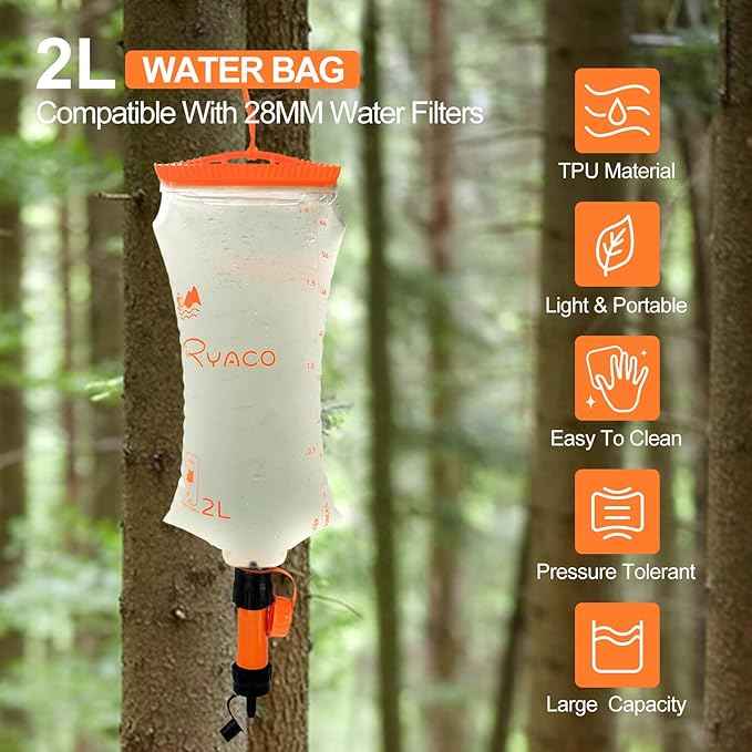 Ryaco Water Bag 2L Compatible with Sawyer Squeeze Water Filter, Outdoor Water Container, Water Filter Bag with Durable TPU Material Collapsible Hydration Canteens for Camping Hiking Cycling Fishing