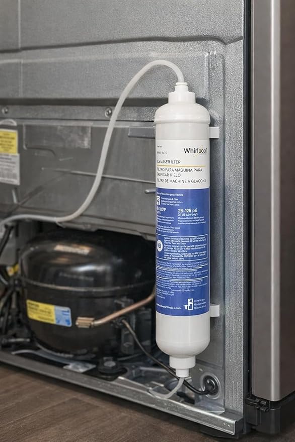Whirlpool Inline Water Filter WHKF-IMTO, 1/4" Quick Connect Fits Refrigerator, Ice Maker, NSF/ANSI 42 Certified Reduces Chlorine Taste & Odor for Drinking Water and Filtered Ice, 6 Month Filter Life