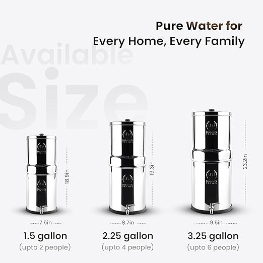 Gravity Water Filter System 2.25 Gallons NSF Certified - AISI 304 Stainless Steel Countertop Water Filtration with 2 Smart (Black) Carbon Filter Elements & Stainless Steel Water Spigot