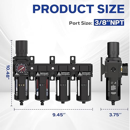 3/8'' NPT 4 Stage Air Drying System,5μ Brass Filter&0.01μ Coalescing Filter,Double Desiccant Dryers & Air Regulator,Metal Bowl,Semi-Auto Drain,for Paint Spray＆ Plasma Cutter(Black) - AquaVibe