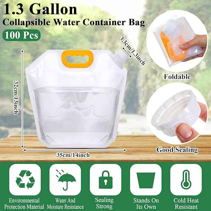 1.3 Gallon Collapsible Water Storage Bag Emergency Jug Container Clear Plastic Water Bladder for Outdoor Sport Camping Hiking No Leak, Freezable, Odorless, Flat Folding (No Scale)