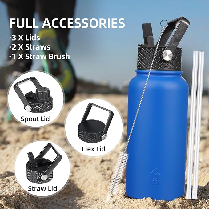 BJPKPK Insulated Water Bottles with Straw Lid, 22oz Cold & Hot Thermo, Stainless Steel Metal Water Bottle with 3 Lids, Reusable Thermo, Cups, Mugs for Daily Use-Navy Blue