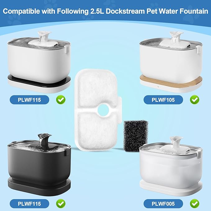 24 Pcs Replacement Filters for Dockstream Cat Water Fountain PLWF105/PLWF115/PLWF005, 12 Pack Pet Water Fountain Filters with 12 Pack Pre-Filter Sponges, White