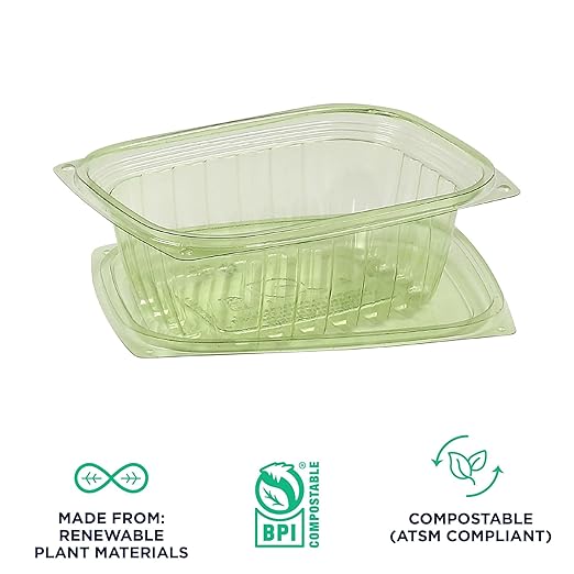ECO PRODUCTS Compostable 12oz Rectangular Deli Containers With Lids, Case of 300, Veridian Clear Green Meal Prep, Made from PLA, A Renewable Material Made from Plants, One Lid Fits All
