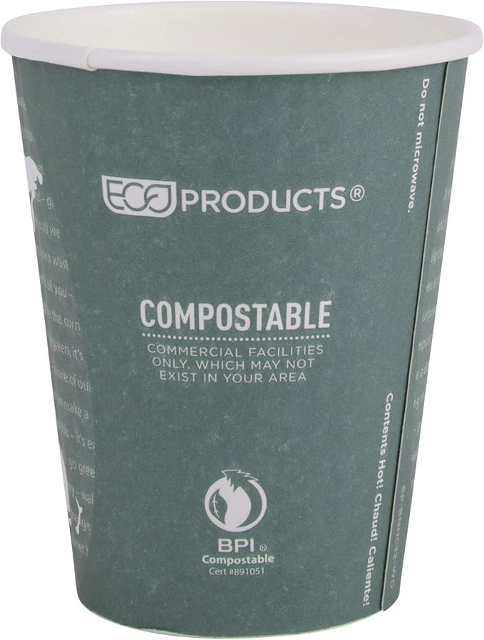 ECO PRODUCTS Compostable Disposable Insulated World Art 12oz Coffee Cups, Case of 600, Renewable Double-wall Hot Paper Cup, Plant Based PLA Lining, No Sleeves Needed, Color Coded