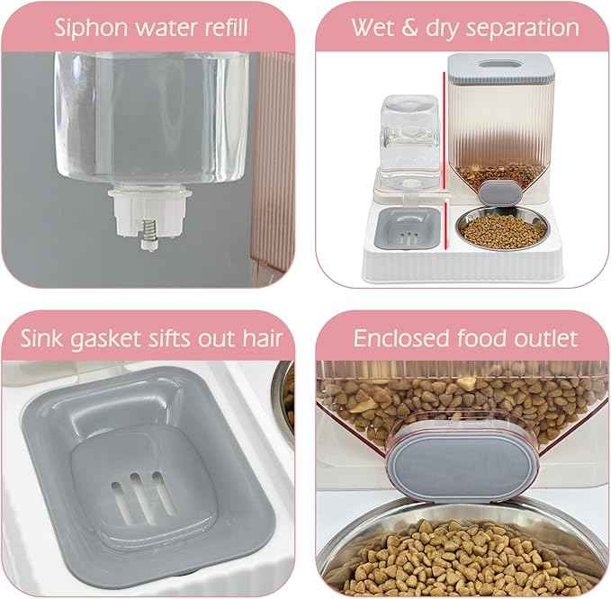 Fhiny Gravity Cat Feeder & Water Dispenser, 2 in 1 Automatic Puppy Waterer Removable Stainless Steel Food Bowls Set Self Feeding Pet Food Storage for Cat Kitten Puppy Easy Clean (Grey)