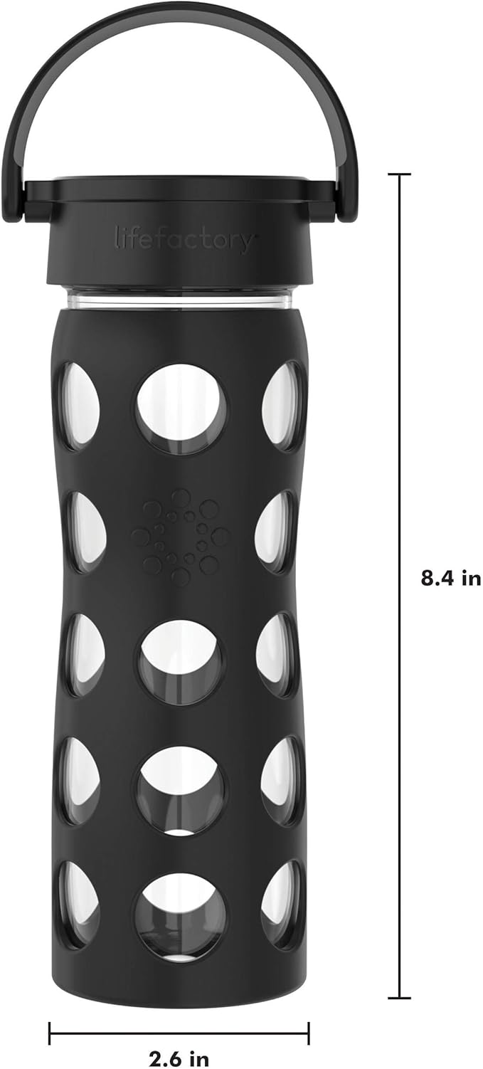 Lifefactory 16-Ounce BPA-Free Glass Water Bottle with Classic Cap and Protective Silicone Sleeve, Onyx