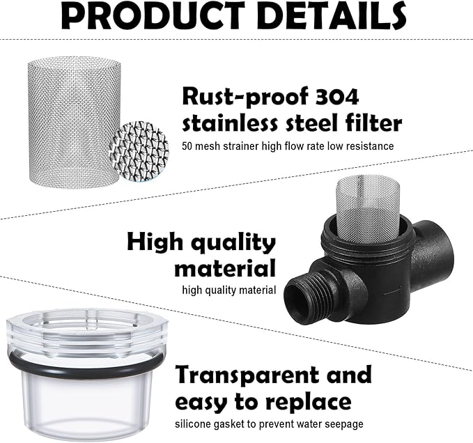 2 Pcs Water Pump Strainer Filter Set Include Twist on Pipe Filter and Extra 50 Mesh Stainless Steel Screen, Rv Replacement 1/2 Inch Twist-on Pipe Strainer Compatible with WFCO or Shurflo Pump