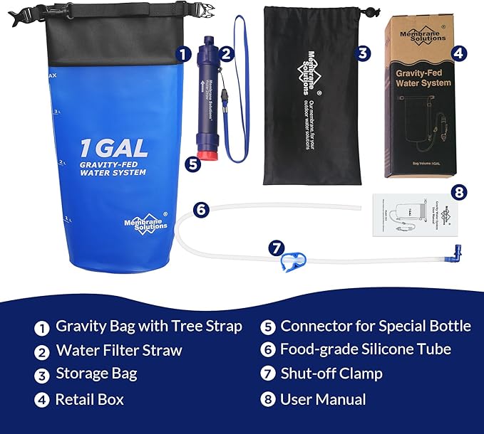 Membrane Solutions Gravity Water Filter 1 Gallon, NSF/ANSI 42&372&401 Certified, 0.1μm Versatile Water Purifier Camping with Adjustable Tree Strap Storage Bag, Survival Gear for Emergency Preparedness