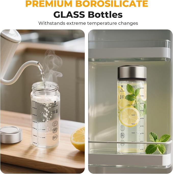 Sursip Glass Juice Bottles 6 Pack 16 oz – Wide Mouth Reusable Bottles with Stainless Steel Lids – Heat-Resistant Borosilicate Glass, BPA Free, Leakproof for Juicing, Smoothies, Milk, Infused Water