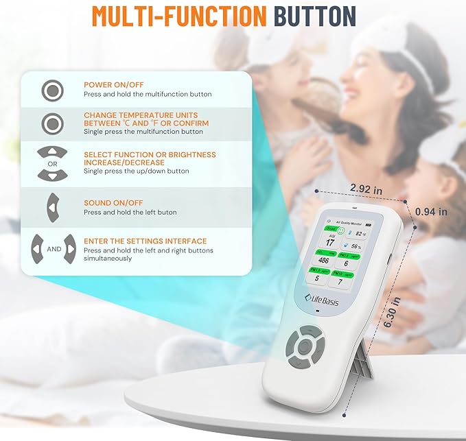 LifeBasis Air Quality Monitor Indoor, 11-in-1 Air Quality Detector with Stand, Real-Time Air Meter Test AQI, PM1.0, PM2.5, PM10, CO2, TVOC, HCHO, Particles, Temperature and Humidity with Alert -White