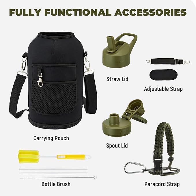 COKTIK 64oz Insulated Water Bottle - Stainless Steel Vacuum Metal, Portable ½ Gallon Large-Capacity Sports Bottle with Straw, Carry Bag and Handle Strap, Ideal for Gym & Hiking(Army Green)