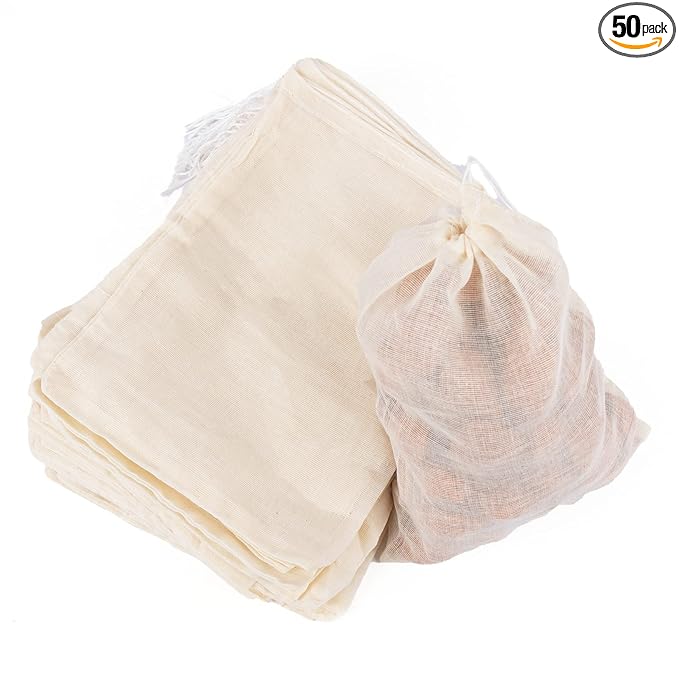 AUEAR, 50 Pack Reusable Drawstring Cotton Soup Bags Spice 6 x 8 Inch Tea Filter Coffee Brew Herb Muslin Cheesecloth for Straining
