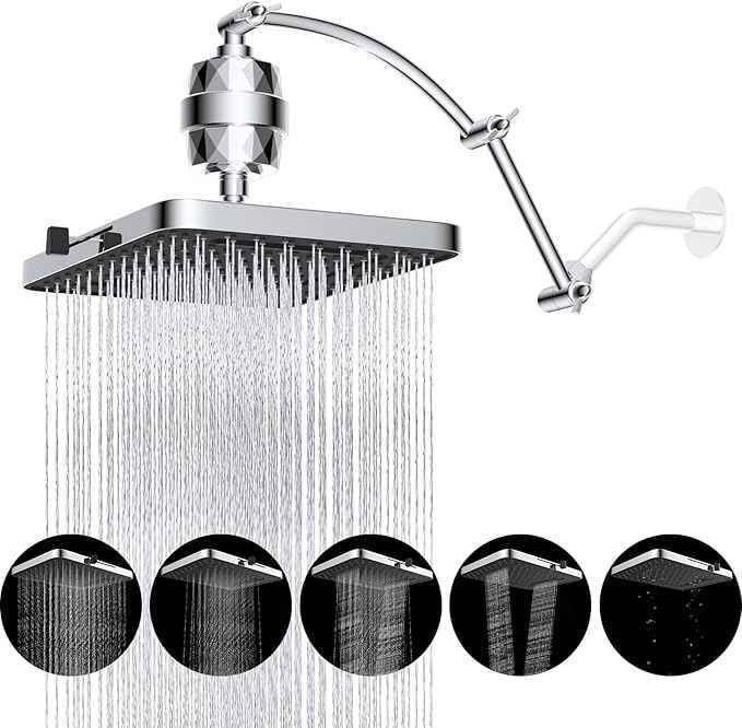 Hibbent Rain Filtered Shower Head, 13'' High Pressure Rainfall 5 Modes Showerhead with 16" Shower Head Extension Arm, Solid Brass Adjustable Shower Arm Extender, 20 Stage Shower Filter, Chrome