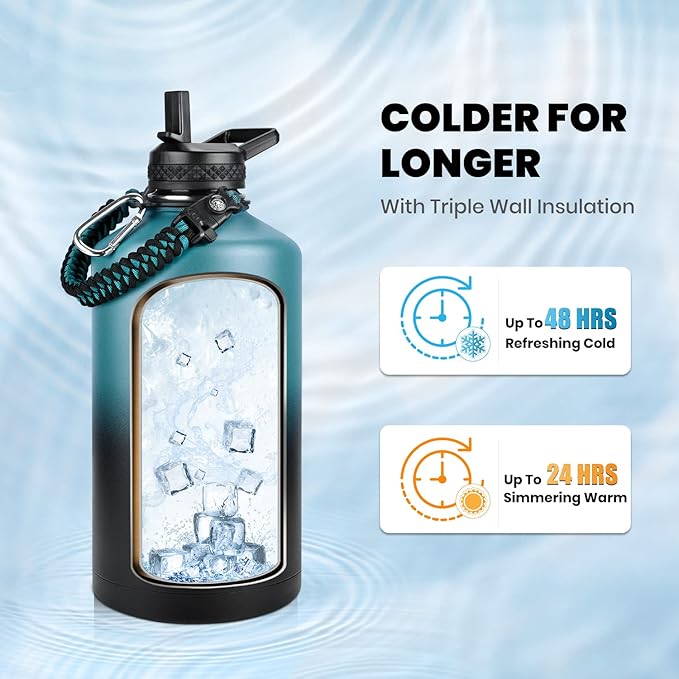 One Gallon Water Bottle Insulated, Triple Walled Vacuum Stainless Steel (Cold for 48 Hrs), Leak Proof & Non-BPA, Large Water Flask Jug with Paracord Handle & Straw Spout Lids