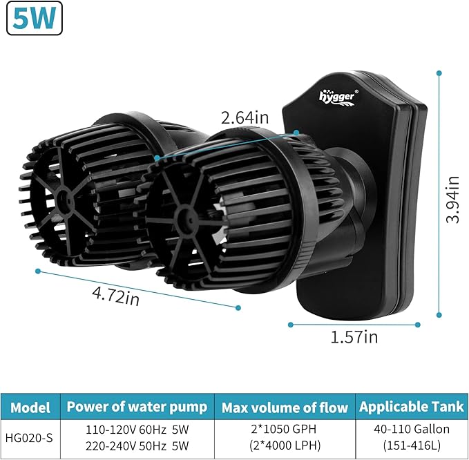 hygger 2100GPH Double Head Aquarium Wave Maker, Quiet 5W Aquarium Circulation Pump, with Strong Magnetic Suction Base, 360°Adjustable Power Head, for 40~110 Gal Tank - AquaVibe