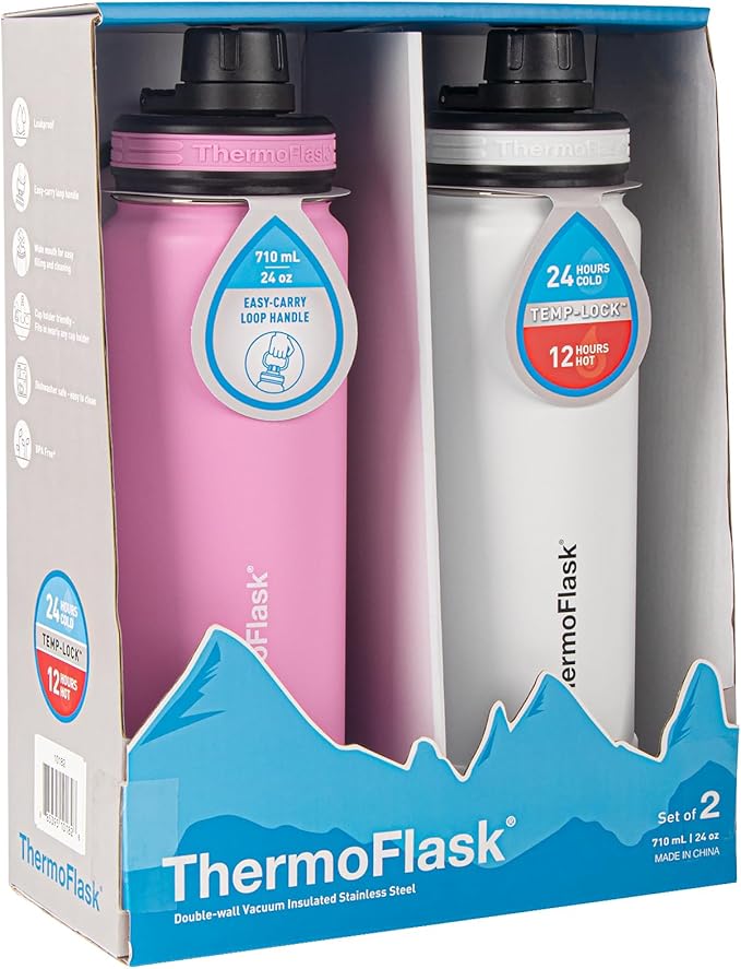ThermoFlask Stainless Steel Water Bottles 2-Pack - Double-Wall Vacuum Insulated 24 oz BPA-Free Spout Lids - Keeps Drinks Cold 24 Hrs, Hot 12 Hrs - Leakproof, Dishwasher Safe, Strawberry/Arctic White
