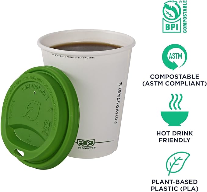 Eco-Products Compostable Coffee Cup Lids, Case of 800, Green Veridian Tops, Fits 8oz Hot Cups, Made from PLA Plastic, A Renewable Material Made from Plants, ASTM, BPI-Certified