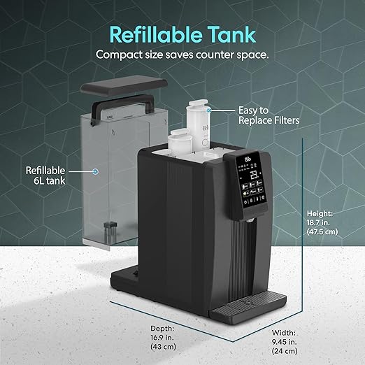 Brio Q20 Touchscreen Countertop Water Dispenser with 3 Stage RO Filtration System | Instant Hot, Cold & Room Temperature with 6 Presets | LED Display, UV Self-Cleaning | Refillable 6L Tank