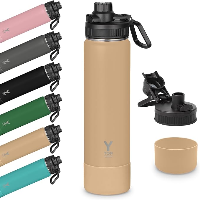 Y TOP 24oz Insulated Water Bottle Leak Proof Spout Lid Fits in Car Cup Holder – Double Wall Dishwasher Safe Easy Clean stainless steel drinking water bottle for Gym Kids Sports Travel Hiking School