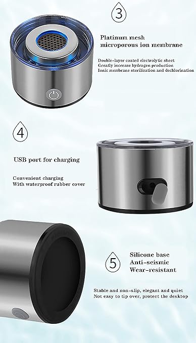Hydrogen Water Bottle, High-Concentration Up to 1100-1600ppb, Portable USB Rechargeable Anti-Oxidation and Anti-Aging Hydrogen Water Generator