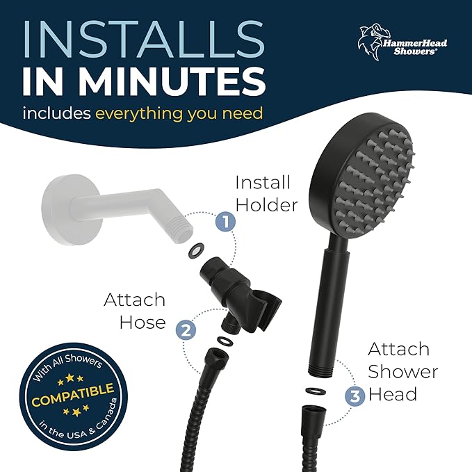HammerHead Showers® Solid Metal Handheld Shower Head with Hose and Brass Holder - MATTE BLACK - 2.5 GPM High Pressure Shower Heads with Adjustable Shower Wand Bracket - 6ft Flexible Extension