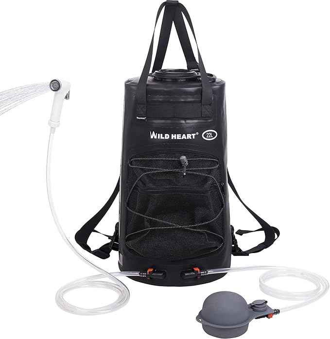 WILD HEART Camping Shower 22L/ 12L Portable Shower for Camping with Pressure Foot Pump and Hose - Solar Shower Bag Backpack for Camping, Road Trip & Outdoor Use