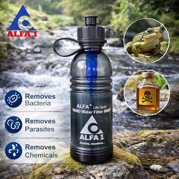 ALFA1 Life Saver Nano Water Filter Bottle | Water Purifier Bottle for Hiking, Camping and Travel (1 Quart, 32oz) | Food-Grade Plastic & BPA-Free | Removes 99.999% Impurities and Bad Odors