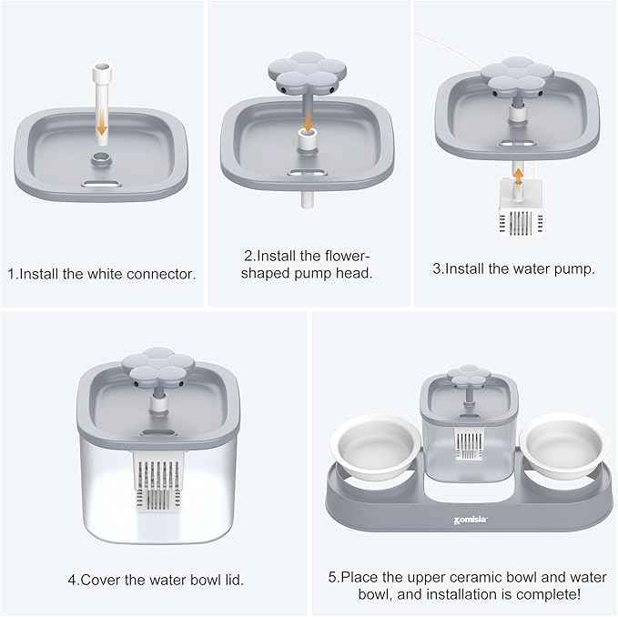 Cat Water Fountain and 2 Ceramic Food Bowls - 2 in 1 Ultra Quiet Automatic Pet Food and Water Bowl Set for Two Cats, Small Dogs, Gray (No Adapter)